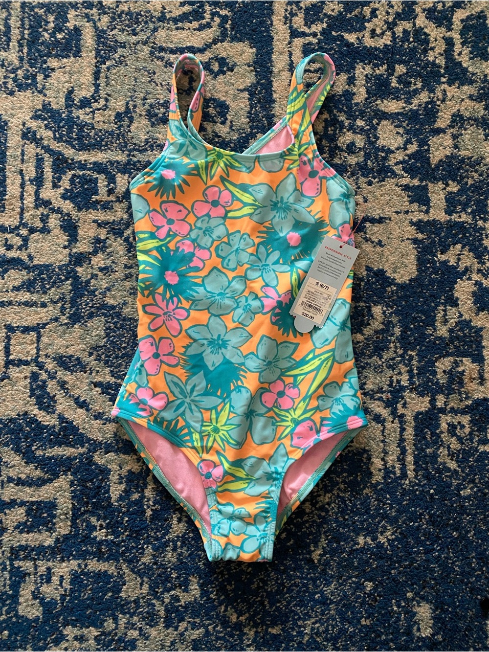 Target NWT Girls' Floral One-Piece Swimsuit in Teal, Pink & Yellow